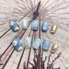 10pcs French Style Short Fake Nails Boho Printed Blue Color Shiny Fake Nails for Stage Performance Wear