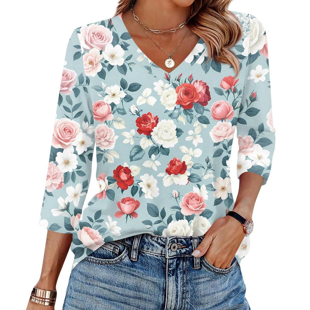 Женская футболка с принтом, рукав 3/4, повседневная мода на выходные, базовый топ с V-образным вырезом