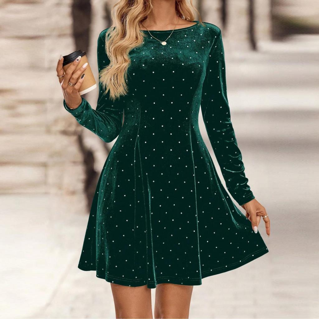 Женское элегантное платье с длинными рукавами, в горошек, из бархата, инкрустированное бриллиантами, подчеркивающее талию и стройнящее