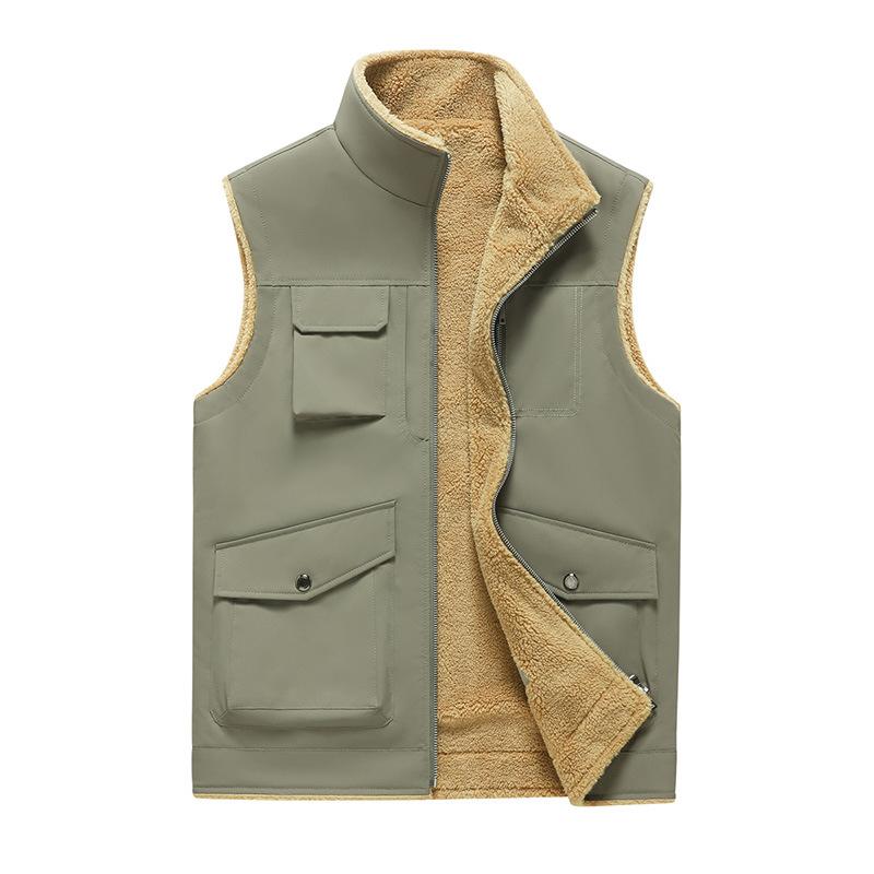 Men's Fleece Multi-pocket Cargo Vest Autumn and Winter New Stand Collar Thickened Outdoor Sports Vest