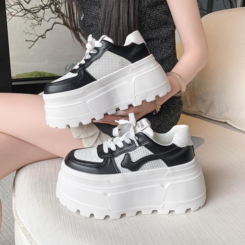 Модные женские кроссовки на массивной подошве с полым сетчатым верхом 8 см, осенне-летняя платформа, повседневная обувь на шнуровке, дышащая спортивная обувь, женская вулканизированная обувь