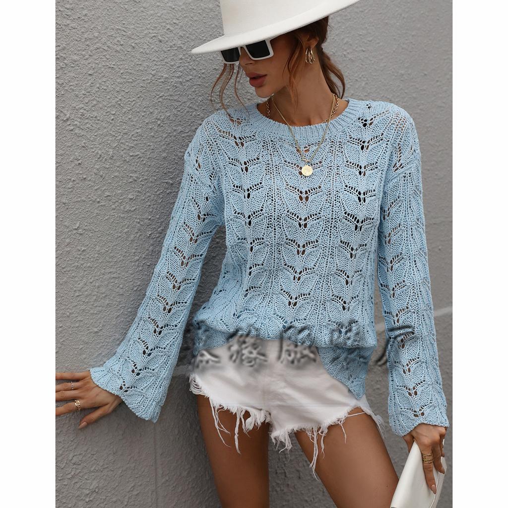 2024 Осень и зима Новый вязаный европейский и американский однотонный крючковый цветочный ажурный пуловер круглый вырез свободный свитер для женщин