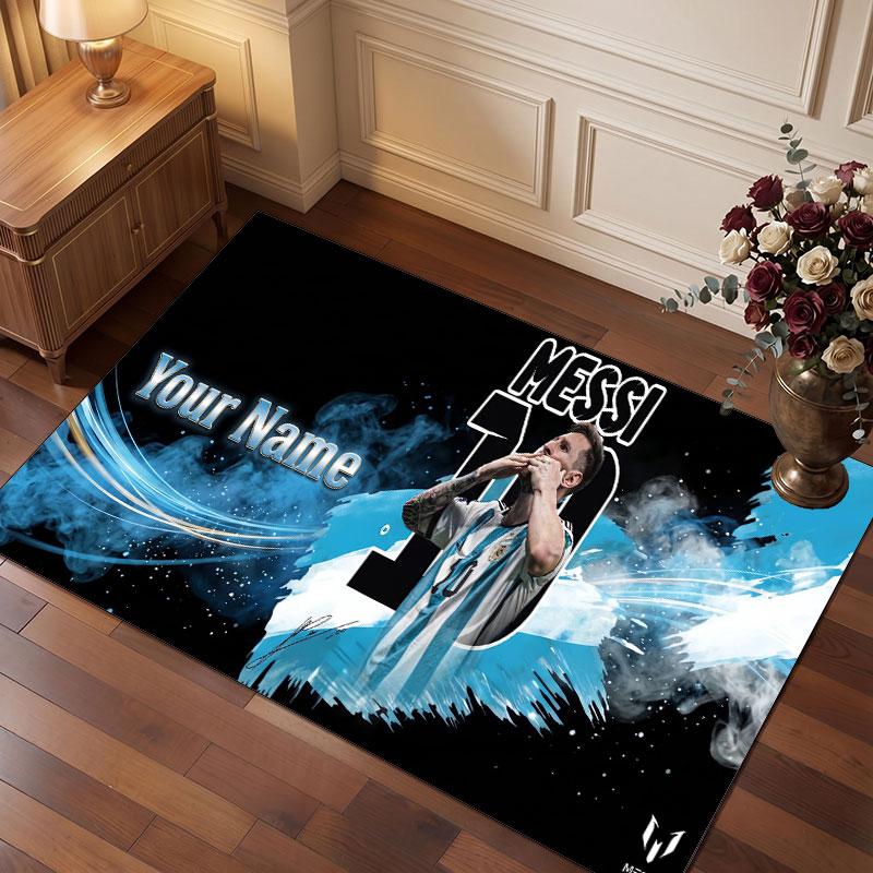 Lionel Messi Custom Crystal Velvet Rug, Personalized Name Text Print, Football Logo Soft Non‑Slip Floor Mat Home Decor Gift