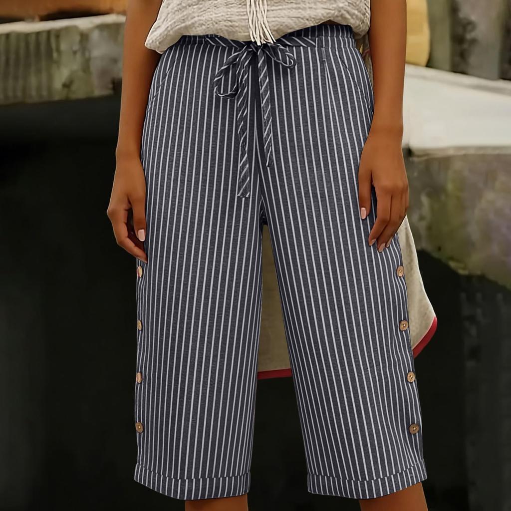 Women's Summer Fashion Striped Elastic Waist Five Quarter Pants Casual Loose Pocket Shorts
