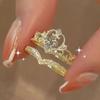 2PCS Fairy Sparkling Crown Rings for Women Teen Crystal Korean Adjustable Silvery Anniversary Gift Party Queen Ring Set Jewelry