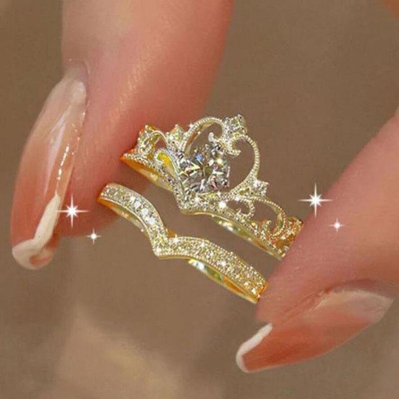 2PCS Fairy Sparkling Crown Rings for Women Teen Crystal Korean Adjustable Silvery Anniversary Gift Party Queen Ring Set Jewelry