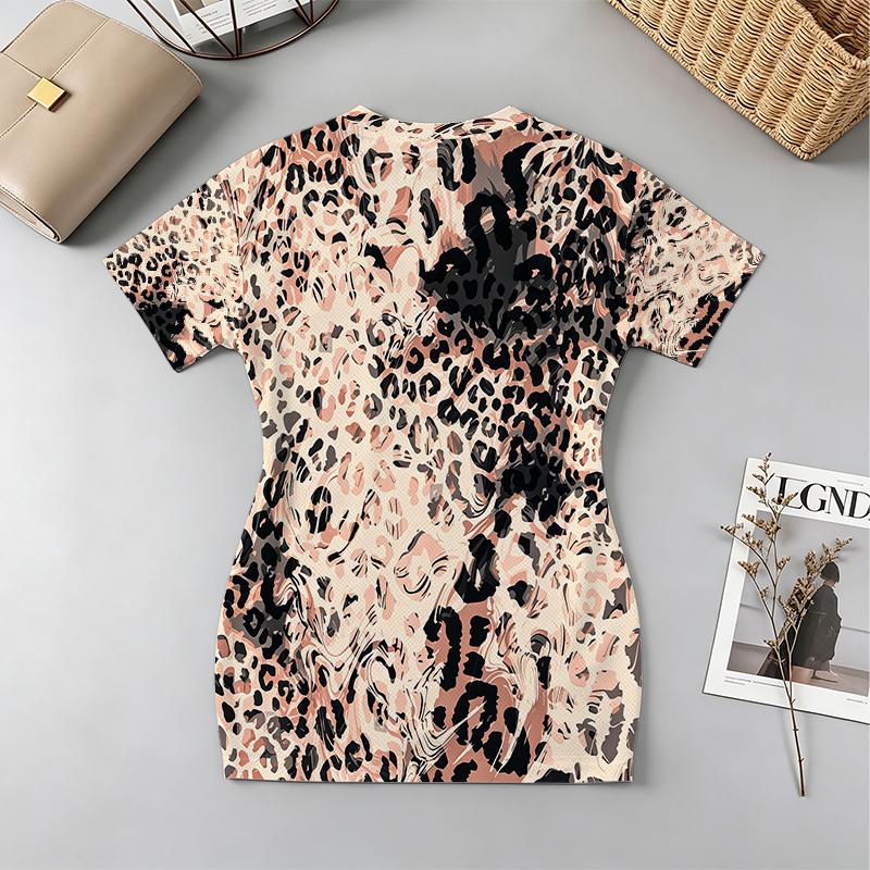 Slim Fit V-Neck Short Sleeve Dress, American Casual Leopard Print - Soft Comfy Summer Outfit for Street & Date