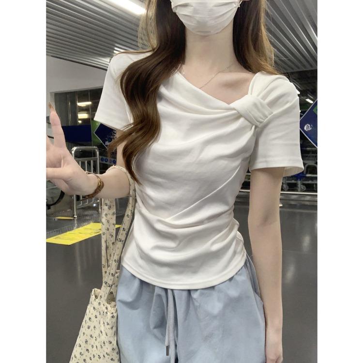 Chic Summer Short Sleeve T-shirt Slim Fit Knot Front Pure Color Womens Beautiful Gentle Top