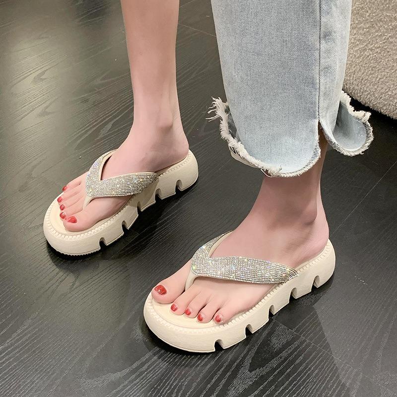 Fashion Slippers Women Shiny Crystal Wedge Sandals Summer Comfortable Soft-soled Sandals Outdoor Fashionable Shoes Flip-Flops De Mujer