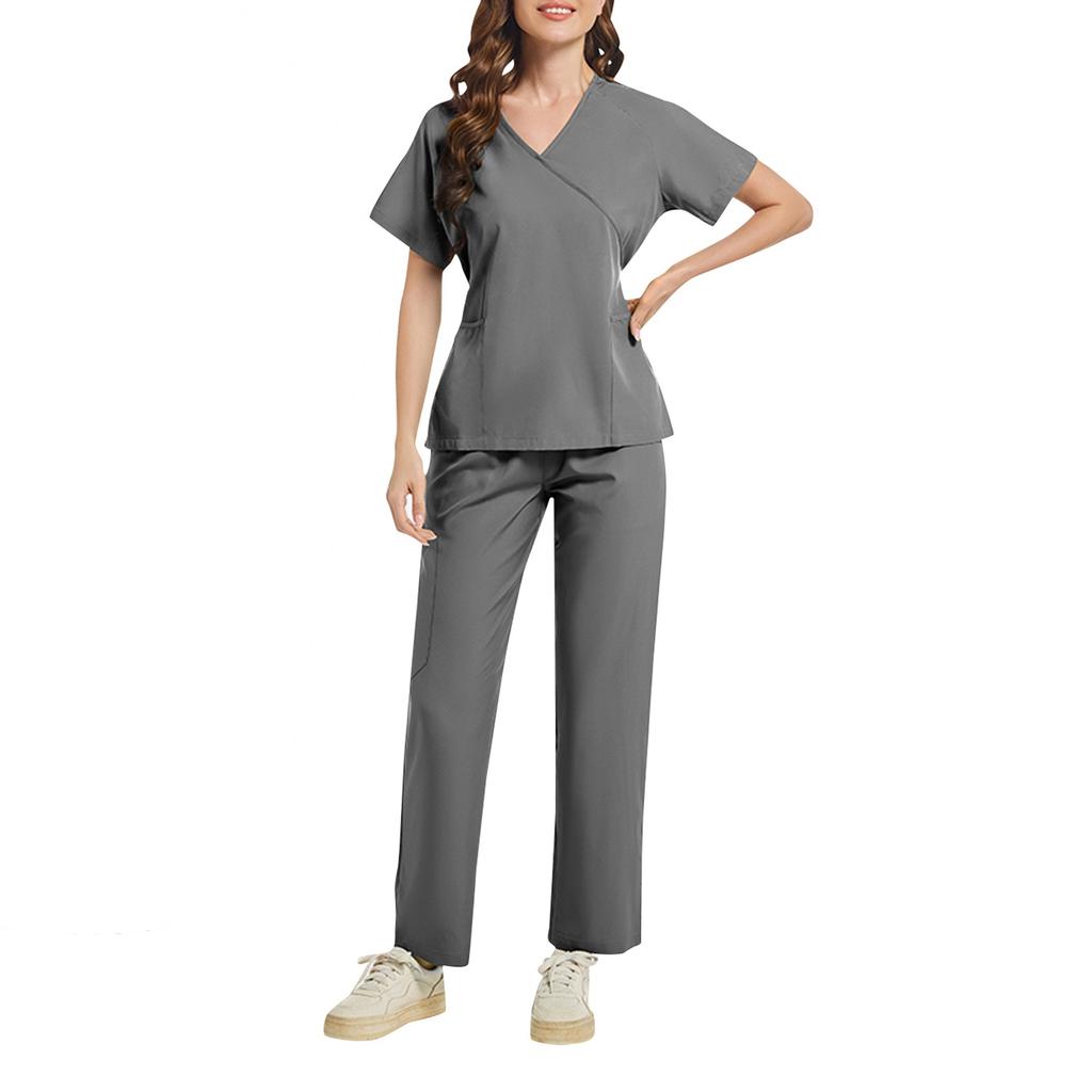 Ladies' Two-piece Set Short Sleeved Solid Color Pocket Top Pants Work Clothes Two-Piece Set