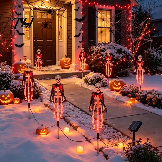 Automatic Solar Skeleton Lights Yard Stake Light, Halloween Glowing Skull Garden Decor Outdoor with Cloak, Waterproof Lawn Lamp for Haunted