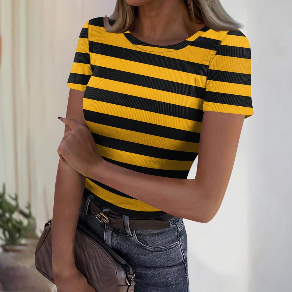 Women's Casual Fashion Round Neck Striped Print Short Sleeve Ribbed Top