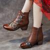 Johnature Ethnic Style Winter Warm Short Boots Genuine Leather Thick Heel Soft Sole Retro Printed Women's Shoes