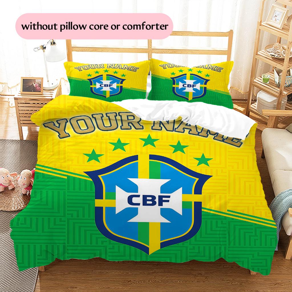 Custom Name Brazil Football Confederation Pattern Bedding Quilt Set Home Decoration Gift (1 * duvet cover + 2 * pillowcase without core)