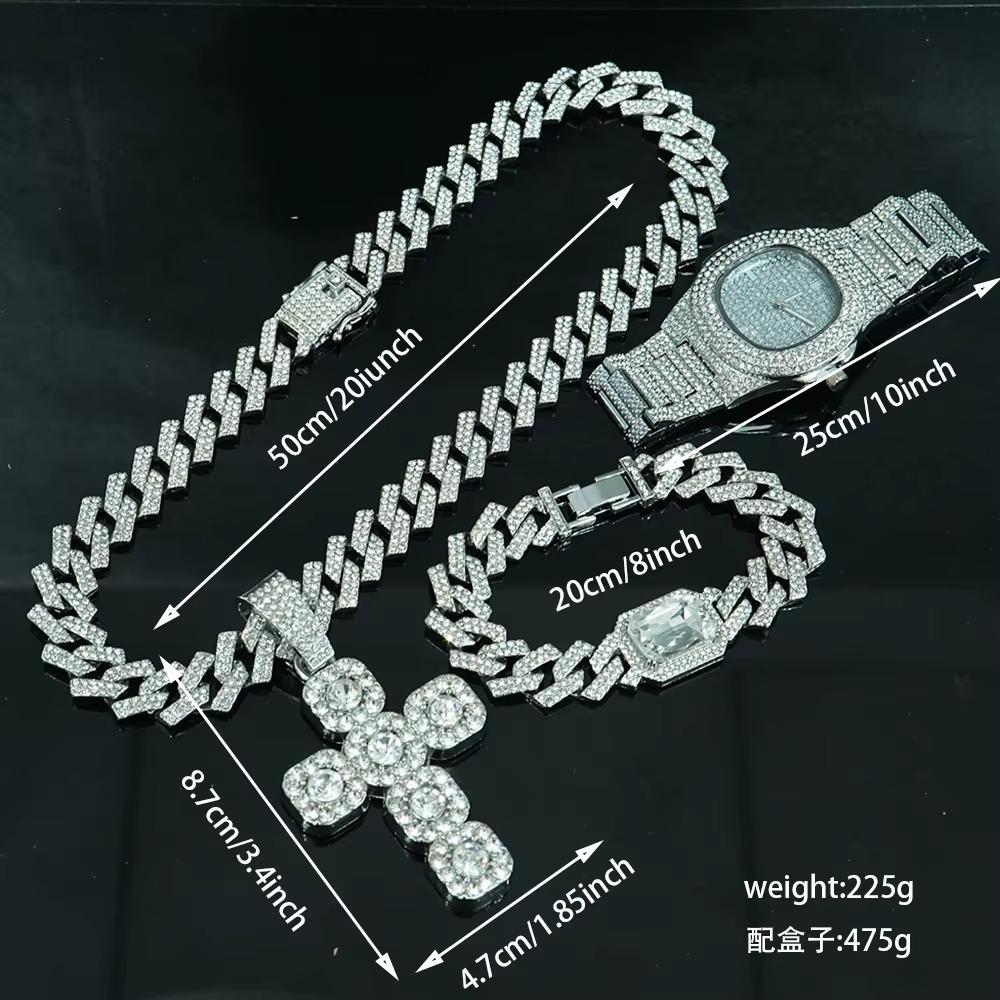 Luxury Hip-Hop Unisex Bling Quartz Rhinestone Iced Cross Pendant Necklace & Bracelet Watch Gift Set Pointer Dial Lightweight