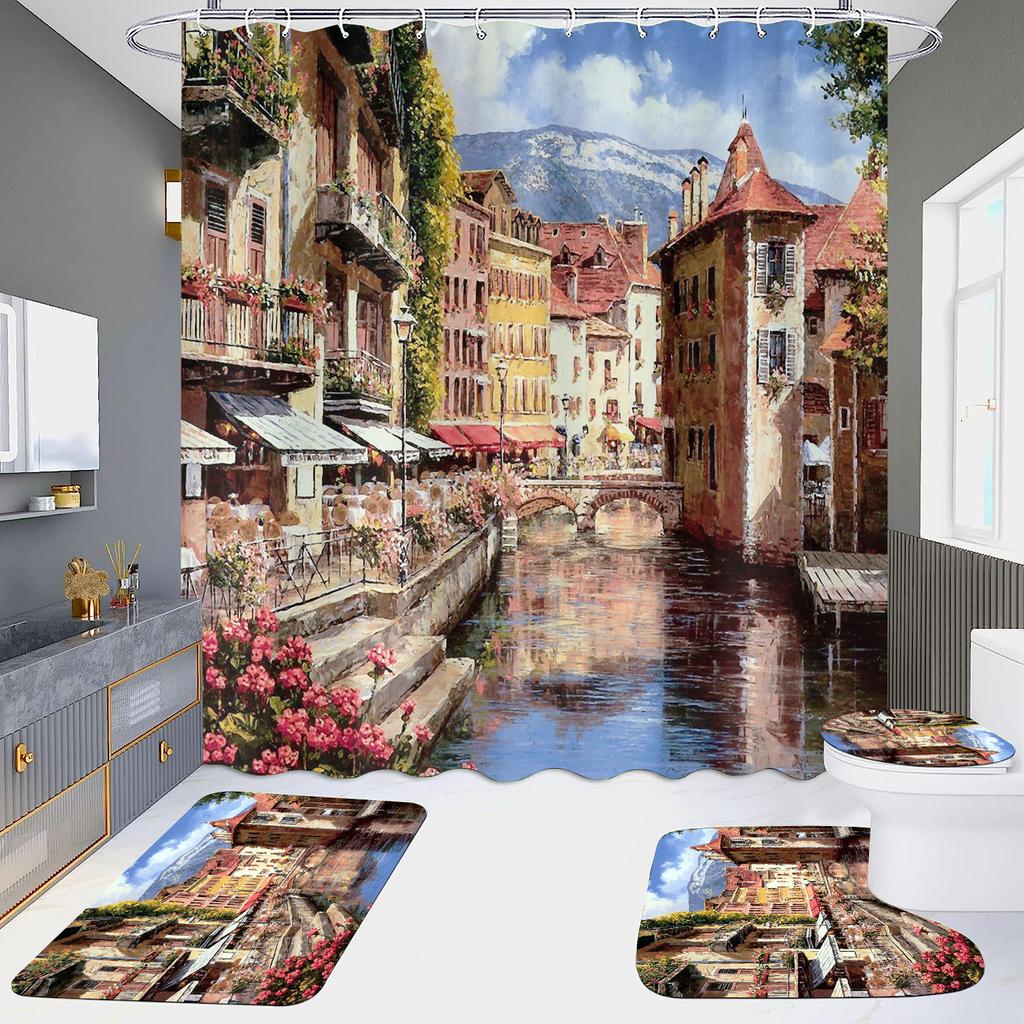 4 шт., наборы занавесок для душа в европейском стиле с архитектурой замка Мандала для ванной комнаты, нескользящие коврики для ванной комнаты, крышка для унитаза, коврик для ванной