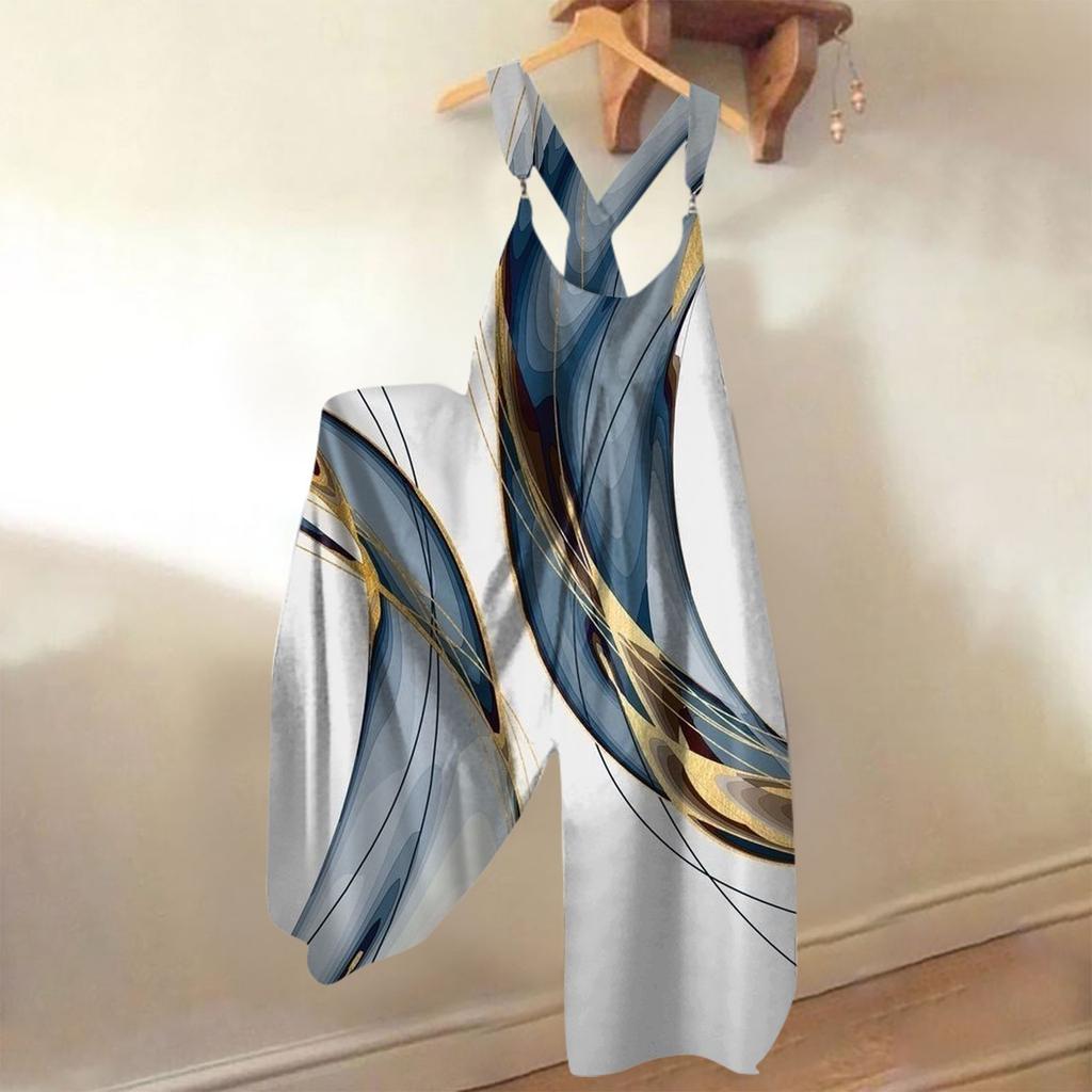 Широкие комбинезоны для женщин, повседневные свободные комбинезоны без рукавов, ретро-принт, металлические пуговицы, длинные брюки, комбинезон с карманами