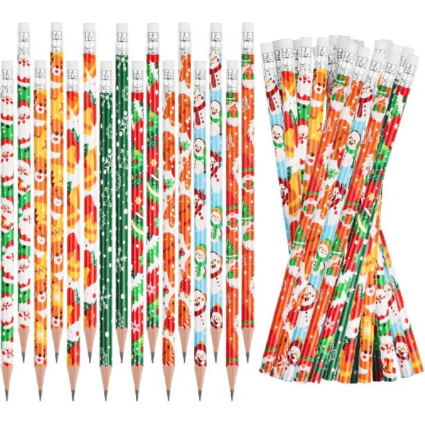 Christmas Pencils with Eraser, 48pcs Xmas Themed Pencil with Santa Claus, Elk, Christmas Tree and Snowflake for Kids Children Christmas Party