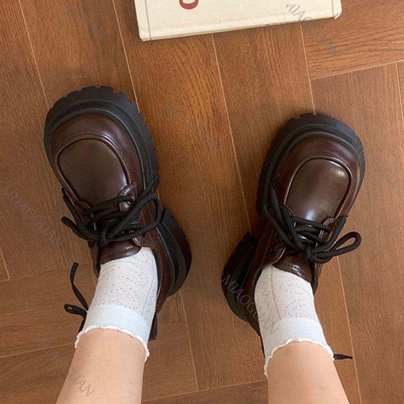 Модные женские кожаные туфли на толстой подошве в британском стиле, туфли-лоферы на шнуровке, ретро туфли на высоком каблуке Мэри Джейн, модная обувь на каблуке