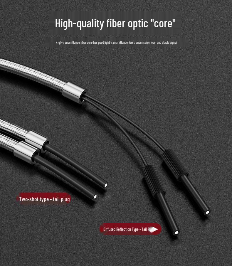 Metal Sheathed Fiber Optic Sensor Amplifier with Right Angle Elbow and Extended Reflective Through-Beam Cable