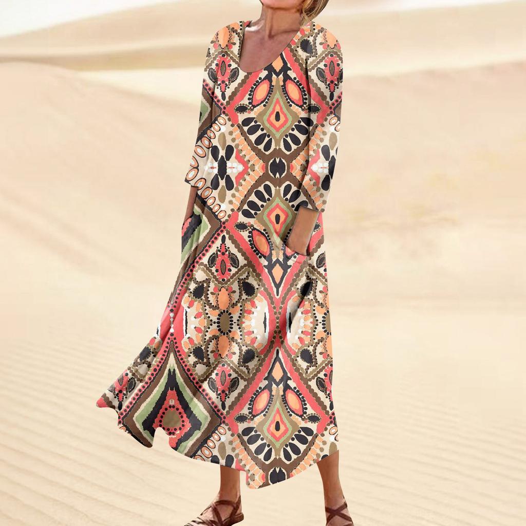 Платье для женщин, весеннее повседневное модное платье в стиле бохо с рукавами 3/4 для праздника, большого размера