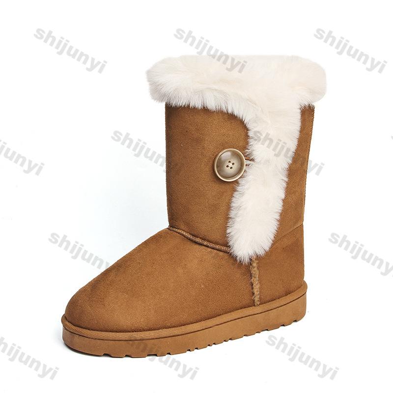 Модные женские зимние ботинки 2024 Новые плюшевые ботинки Теплые Высокие до середины икры На толстой подошве Нескользящие Уличные для альпинизма Хлопковые ботинки