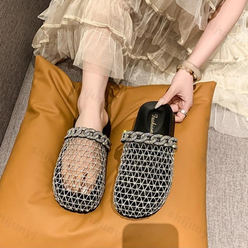 Модные летние женские шлепанцы, плоские, дышащие, с круглым носком, со стразами, женские мюли, сетчатые, модные, для улицы, пляжная обувь, Zapatillas De Mujer