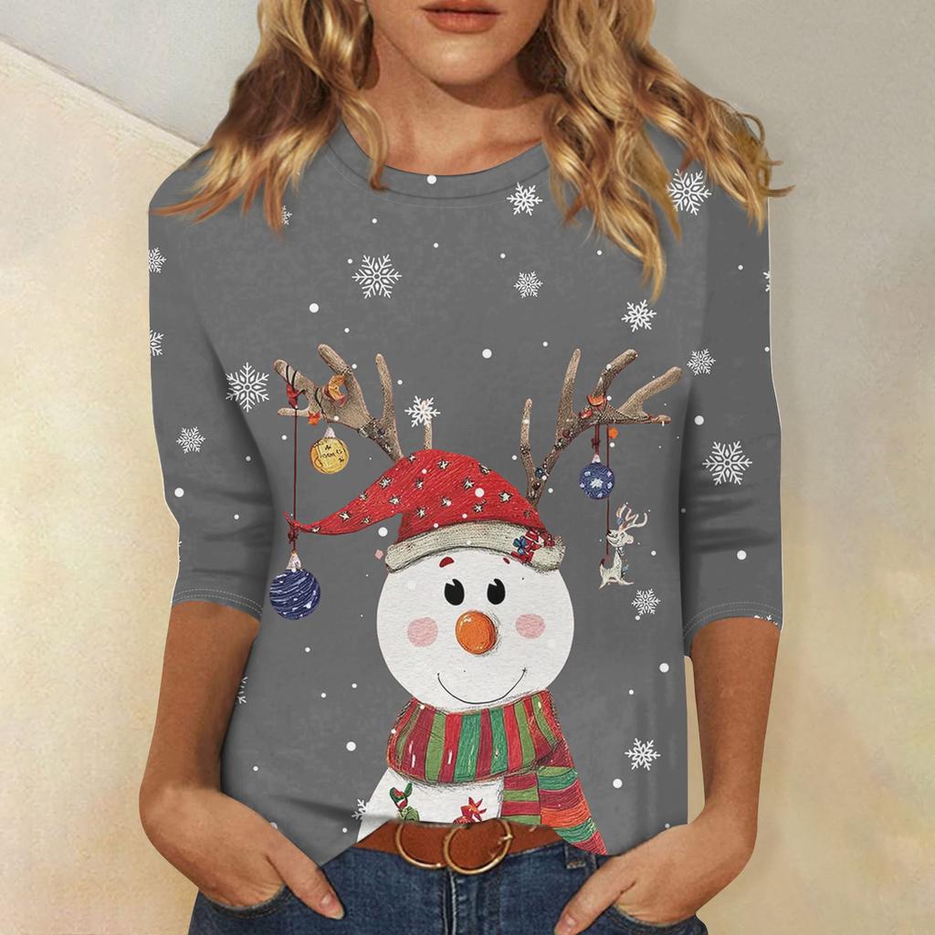 Рубашки с рукавом 3/4 для женщин с принтом, Рождественские футболки, Блузки, Повседневные, Большого размера, Базовые топы, Пуловер