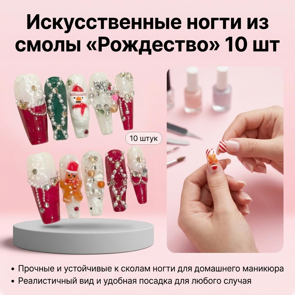 10Pcs Long Gradient Christmas Gingerbread Man Design False Nails for Women