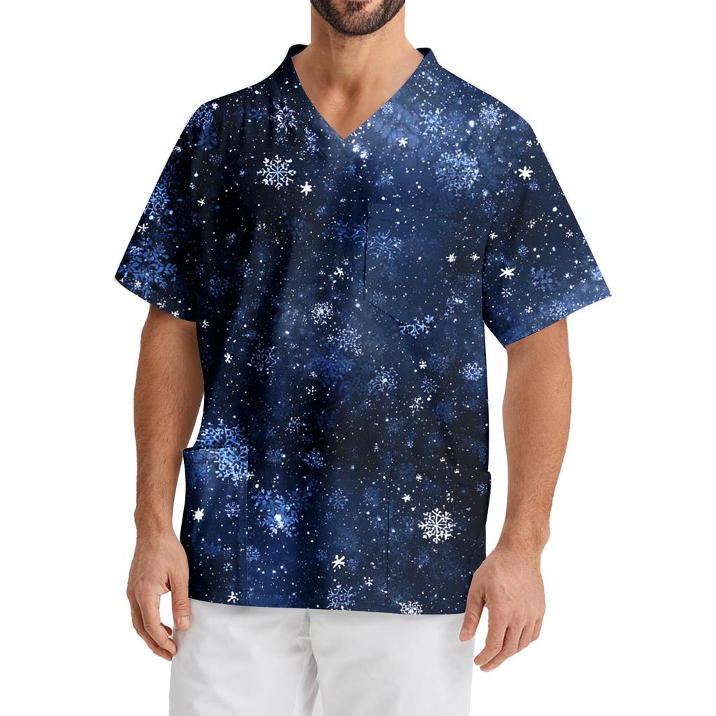 Мужская рабочая блузка с короткими рукавами и v-образным вырезом с принтом, топ с нагрудным карманом