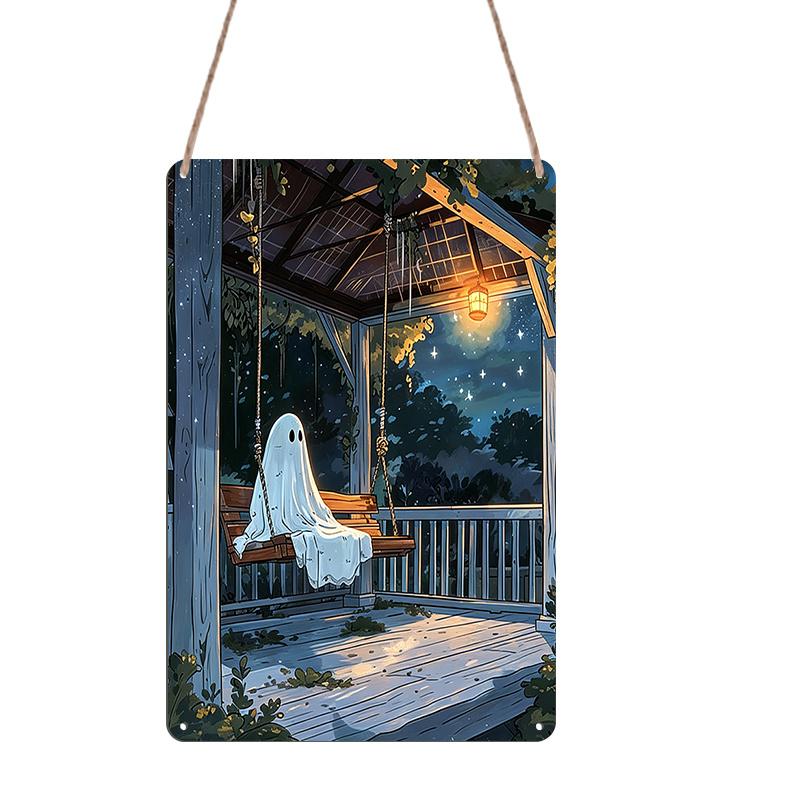 2D Flat, 1pc Decorative Sign & Plaque, Halloween Cartoon Ghost Swing Aluminum Sign, Halloween Wall Decor for Haunted House, Party, Home, Bathroom