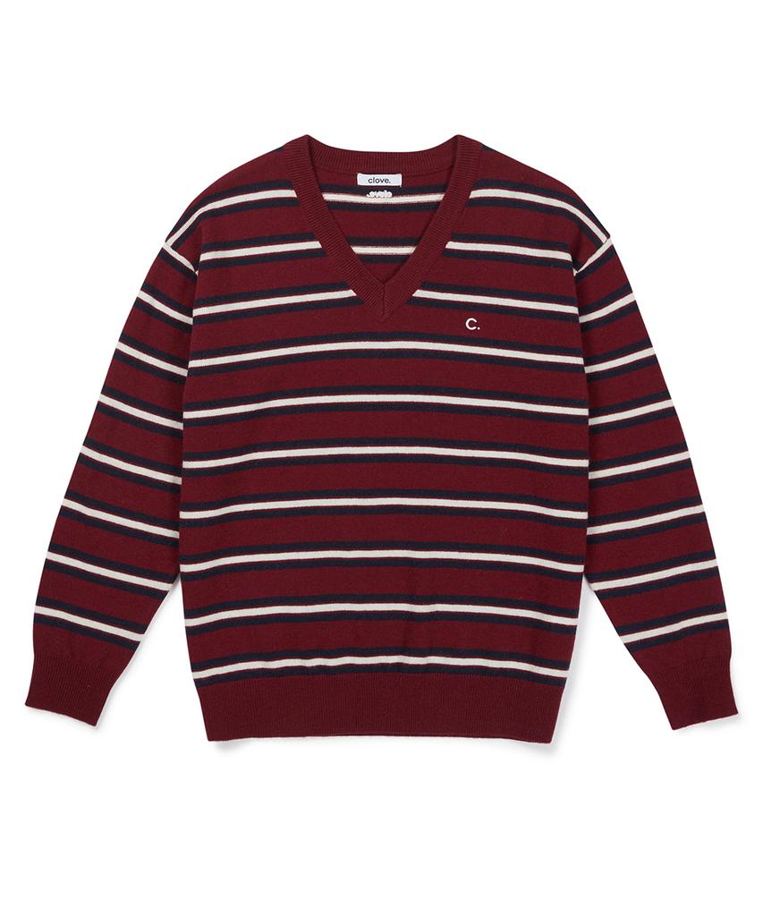 CLOVE [26Fw CLOVE] Полосатый вязаный пуловер (Бургундия)