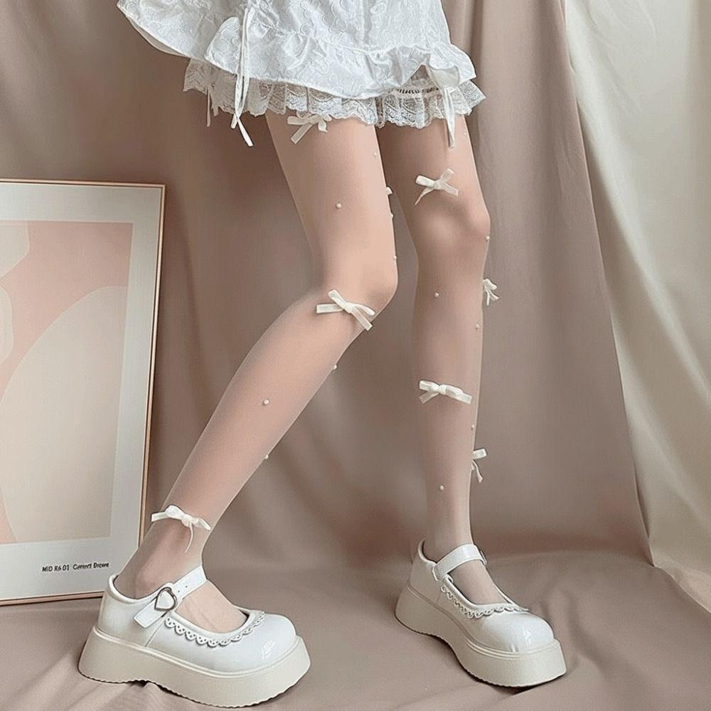 Pearl Embroidery Pearl Stockings Velvet Bow Pantyhose Fashionable Body Stockings Base Layer