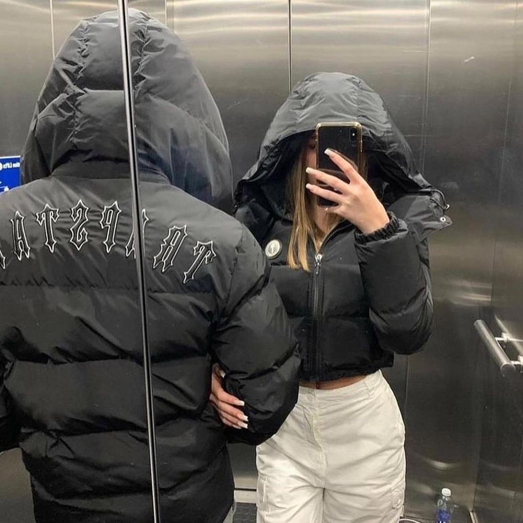 Couple Retro Stand-Up Collar Letter And Small Label Embroidered Zipper Down Warm Jacket