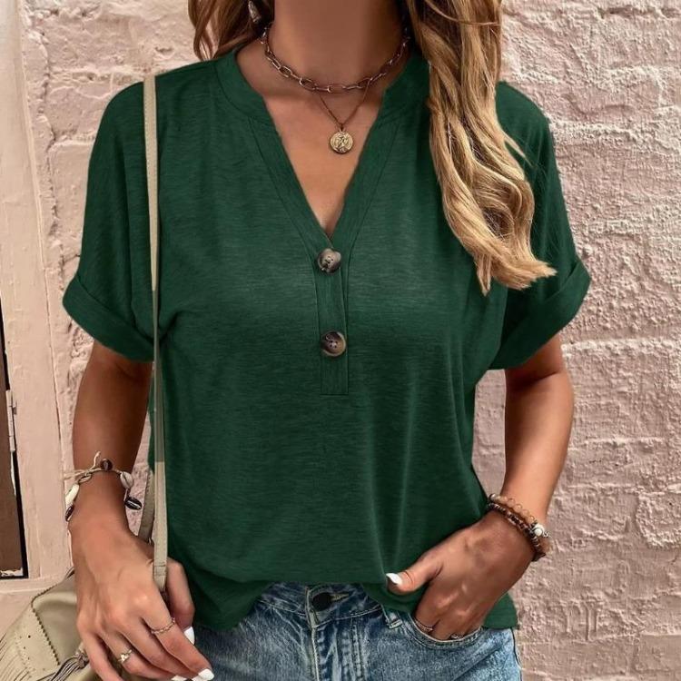 Летняя женская повседневная блузка с коротким рукавом, V-образным вырезом и пуговицами, однотонная, модная весенняя