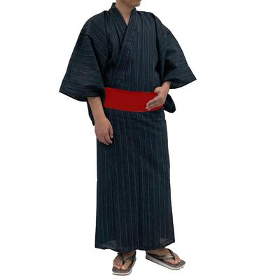 Мужской комплект юката из двух предметов Kyoto Kimono Yuzen, ткань сидзима, темно-синий (Смелые вертикальные полосы), с поясом оби квадратной формы на одно касание, подарок (Темно-синий, Средний)
