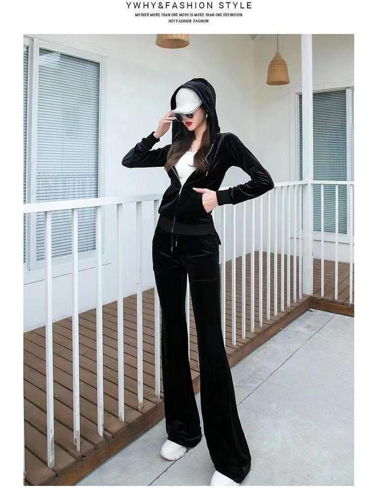 Women's Gold Velvet Hooded Sweatshirt and Straight Pants Two-Piece Sports Suit for Spring and Autumn