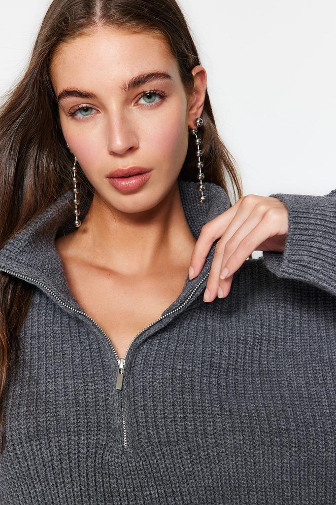 Женский свитер в элегантном стиле, суперукороченный трикотаж с застежкой-молнией и камнем