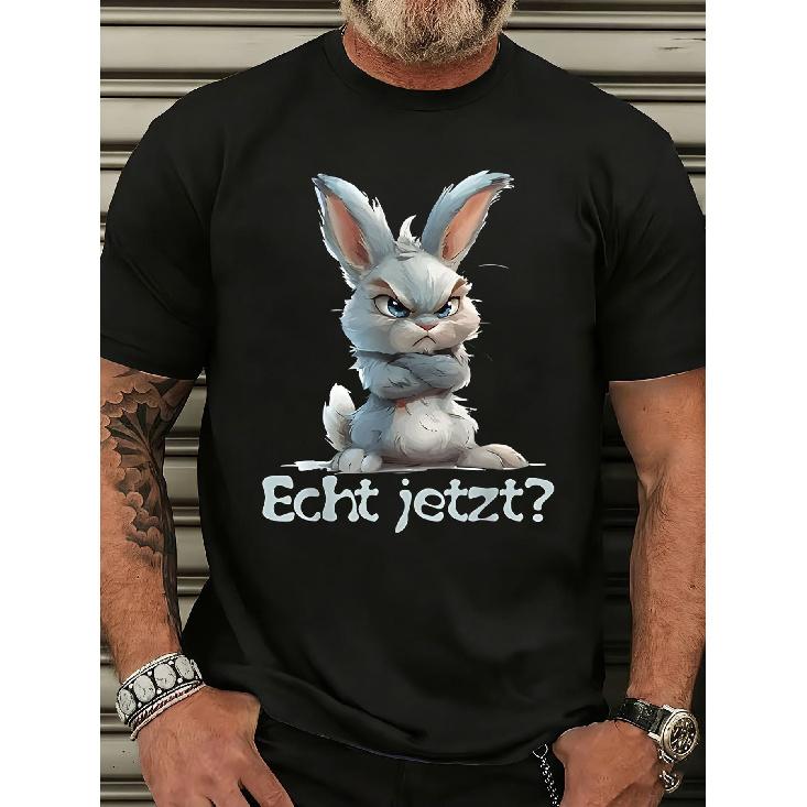 Men's black short sleeve t-shirt with angry cartoon rabbit graphic and "Echt jetzt?" text, crew neck, soft cotton feel, casual streetwear style for