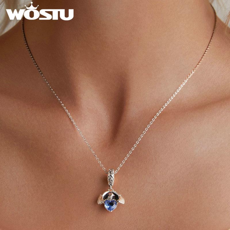 WOSTU Стерлингового серебра 925 пробы, белый орел, подвесная бусина, синий циркон, кулон, яркие подвески в виде рыси, бусины в форме кошки для женщин, браслет и ожерелье, ювелирные изделия