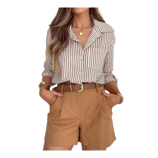 Женская рубашка с лацканами, длинным рукавом, однобортная, топы-рубашки с накладными карманами, в полоску, свободного кроя, повседневная рубашка для офисной леди