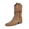 Nubuck Autumn Winter Shoes Thick Heels Cowboy Boots European Style Pleated Keep Warm Ankle Boots