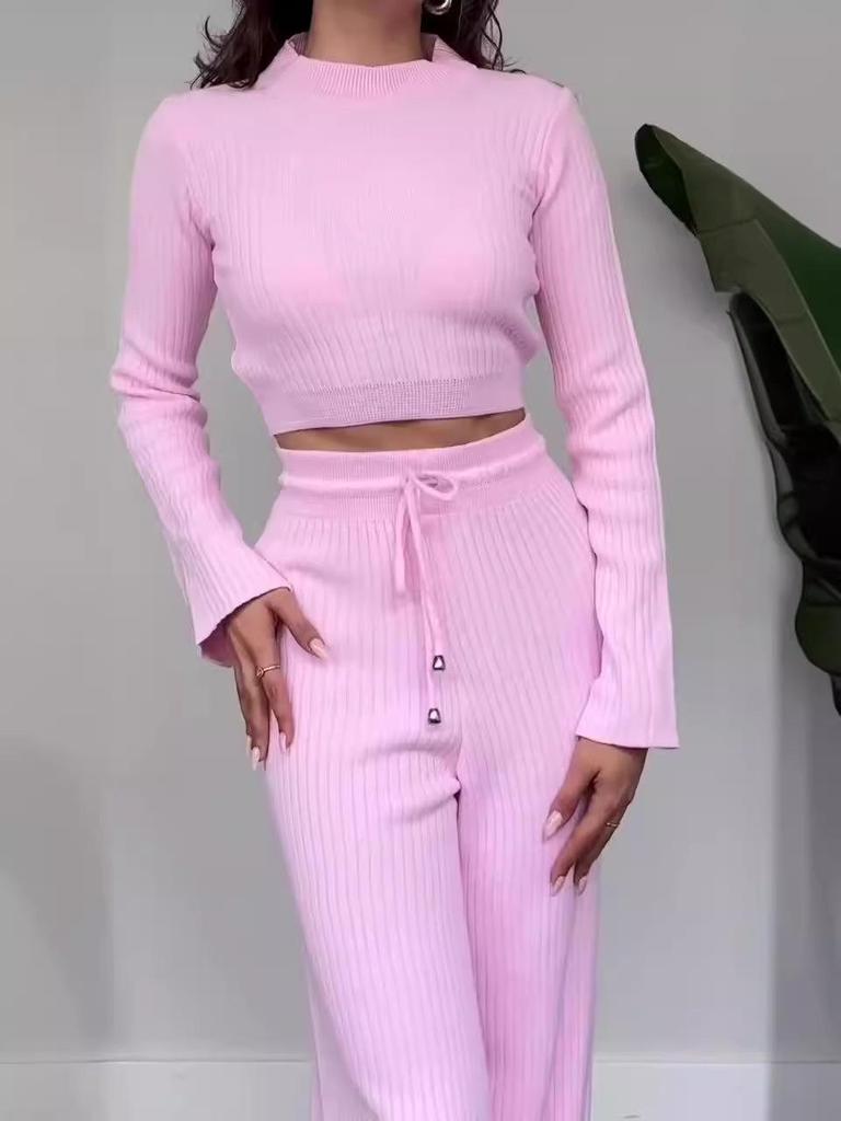 Комплект на осень 2024 года: вязаный однотонный кроп-топ и брюки с высокой посадкой и широкими штанинами