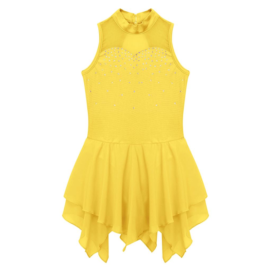 Платье для танцев для девочек, без рукавов, с блестящими стразами, спандекс, сетка, дизайн с вырезом на спине, наряд для выступлений