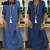 Летнее джинсовое платье для женщин, повседневные весенние синие макси-платья с V-образным вырезом и рукавом до локтя, большие размеры, длинные платья с разрезом