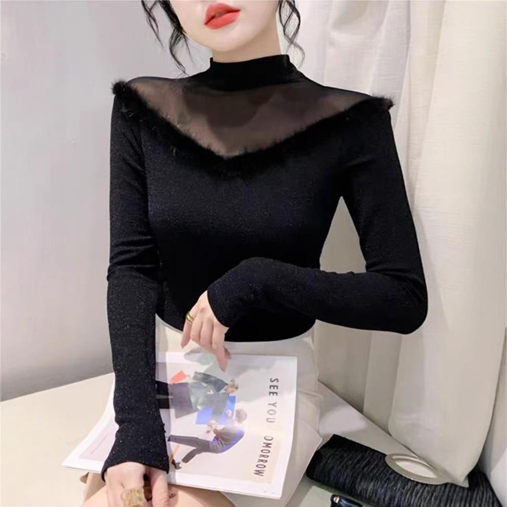 Новая зимняя сетчатая футболка с длинными рукавами для женщин с темпераментом, универсальная тонкая базовая рубашка