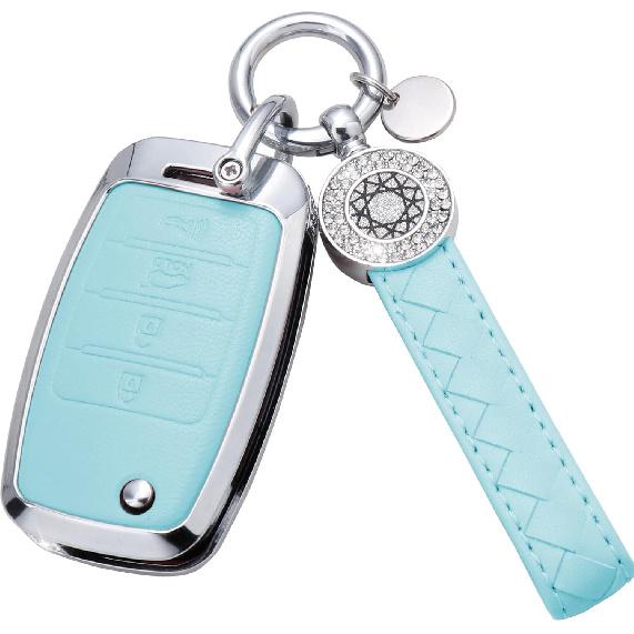 for Volvo Key Fob Cover with Keychain, Blue Leather Rhinestone Key Case Protection Shell Compatible with XC90, XC60, XC40, S60, S90, V60, V90,