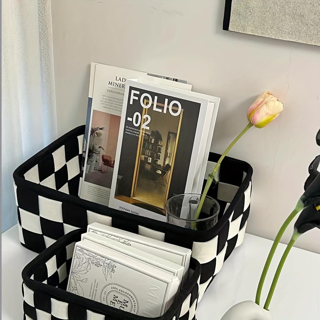 Versatile Black & White Plaid Storage Basket - Perfect for Cosmetics, Snacks, Toys, and Bedroom Essentials, Shelf Baskets