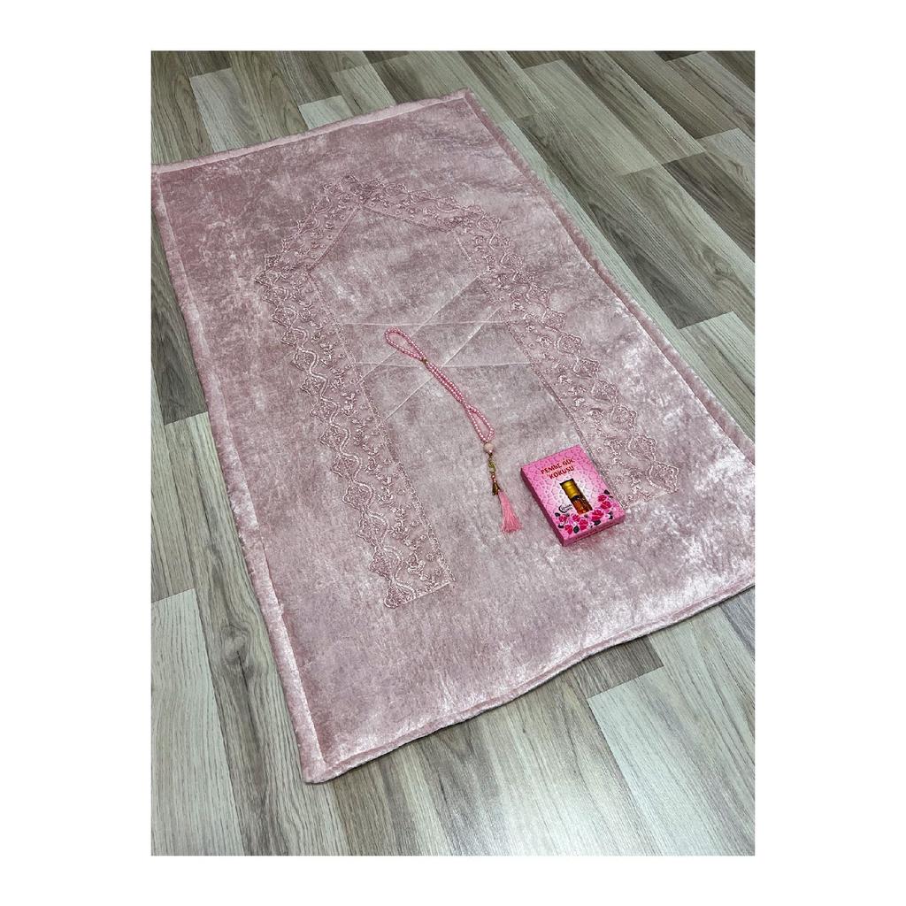 3 Piece Prayer Rug Set, Dowry Bundle Boxed, Velvet Laced Bride And Groom Set