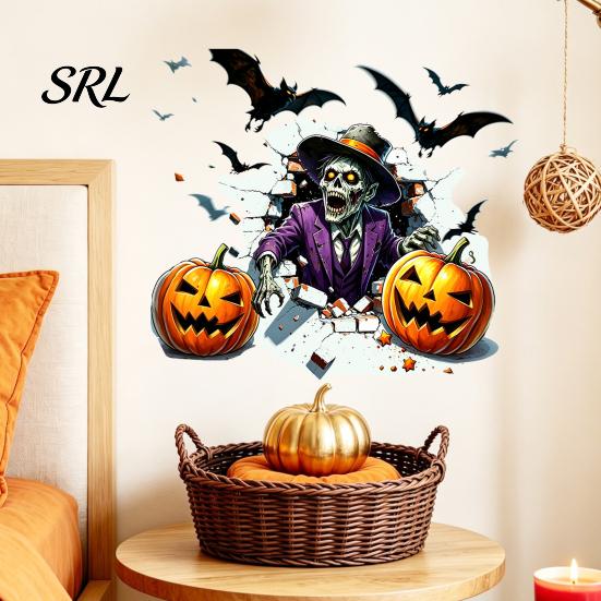 Removable Festive Wall Decorations Halloween Zombie Pumpkin Bat Stickers, Waterproof PVC 3D Cracked Decals, Peel Indoor Outdoor And Stick Art Decors,